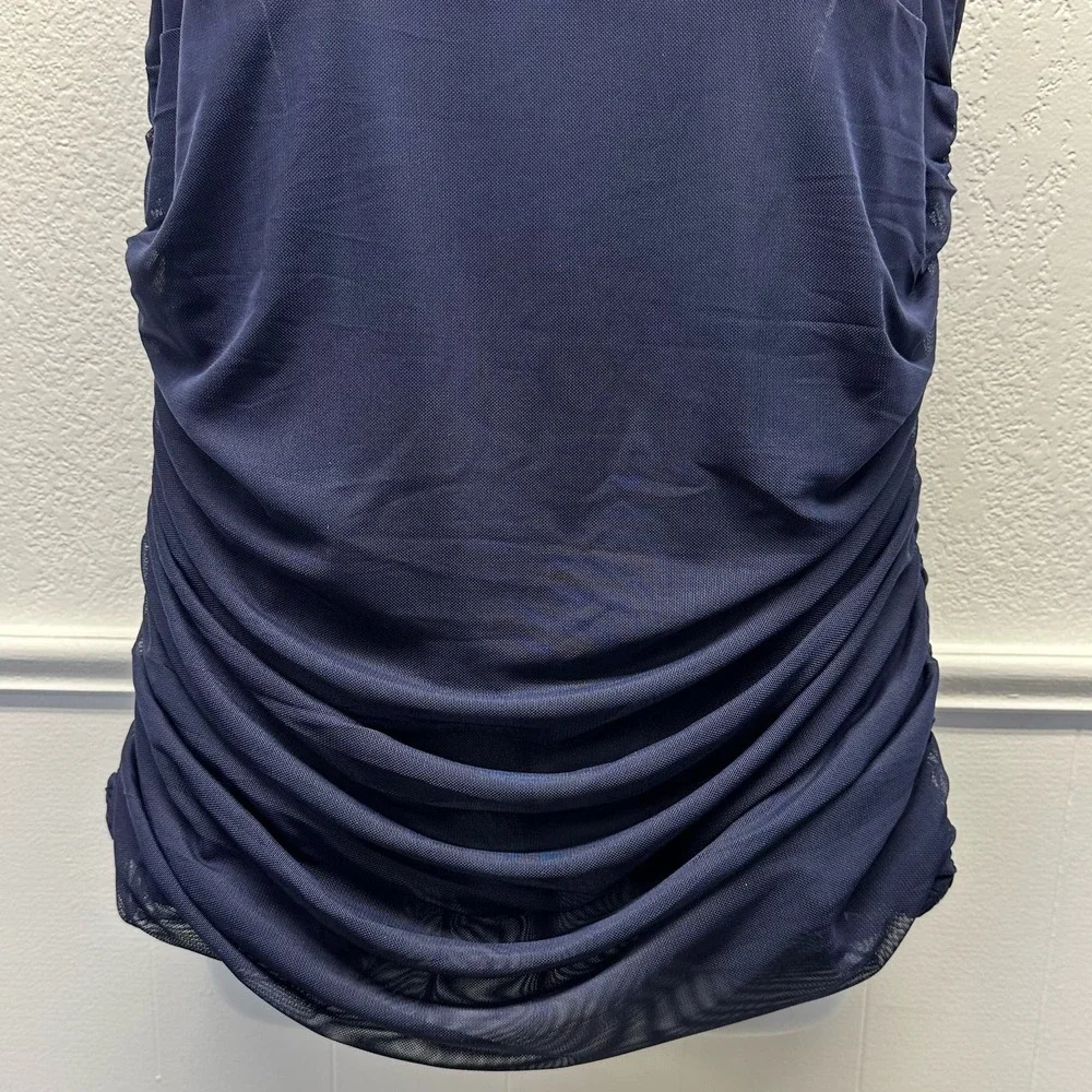 V501 Venus Women’s Sz Lg High Collar Navy Ruche Sleeveless Blouse NWOT - Picture 10 of 14